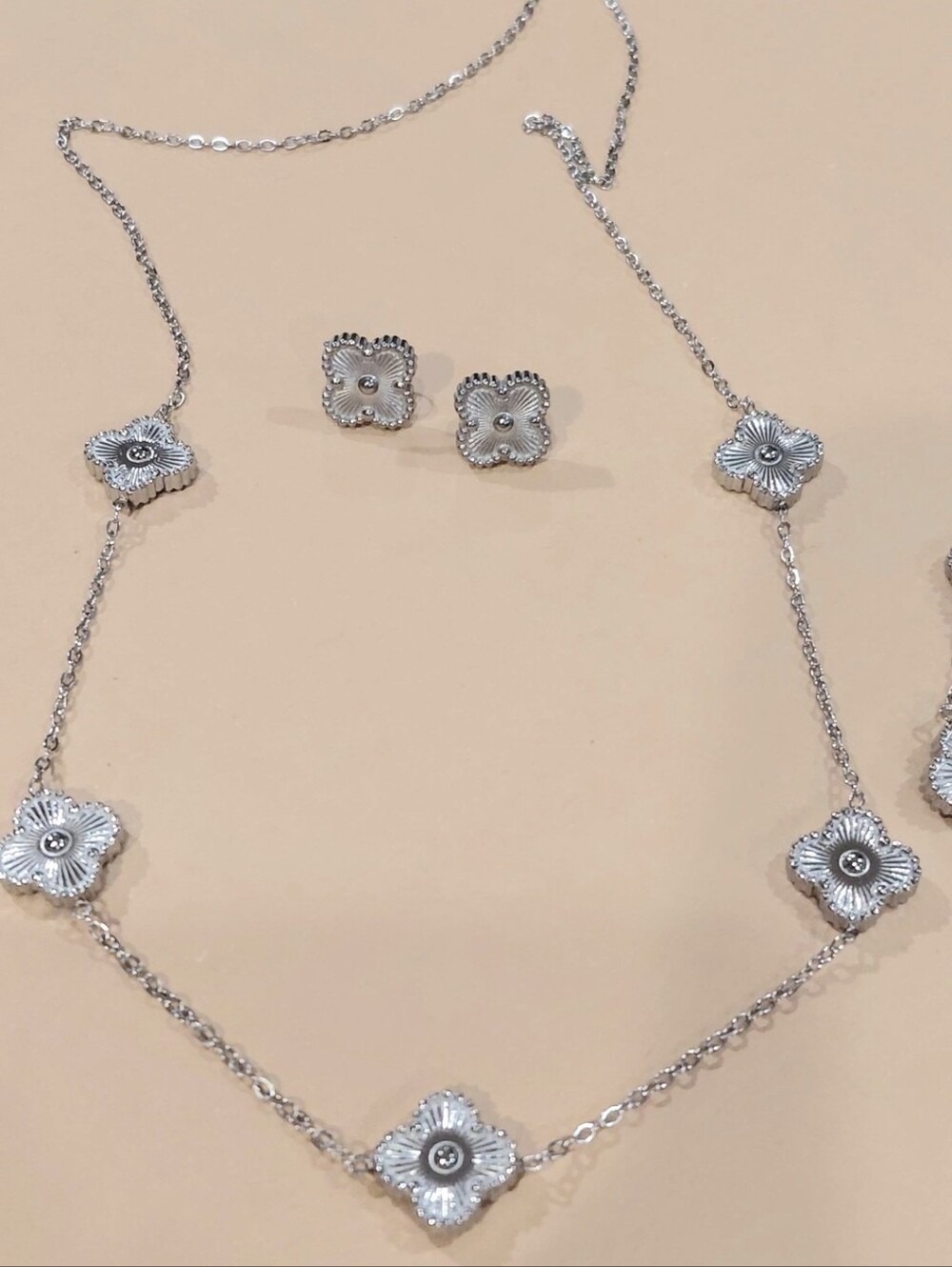 Silver Floral Station Necklace and Stud Earrings Set With Bracelet
